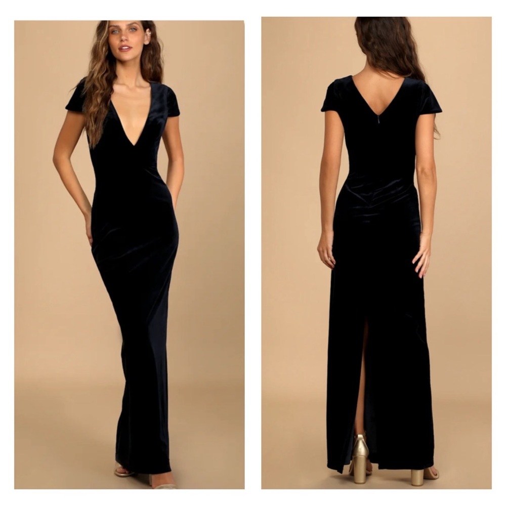 Lulus Feeling Flawless Navy Blue Velvet V-Neck Maxi Dress Women’s SZ‎ Small